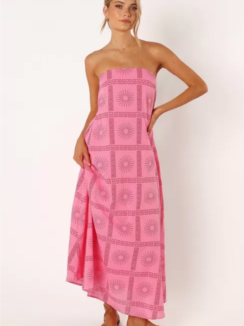 Petal & Pup Strapless Pink and Red 100% Cotton Printed Maxi Dress Size M